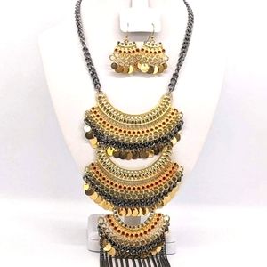 Bohemian Tribal Jewelry Set: Multi-Strand Coin Necklace & Earrings